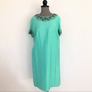 Vtg Teal Shantung Silk Beaded Shift Midi Dress